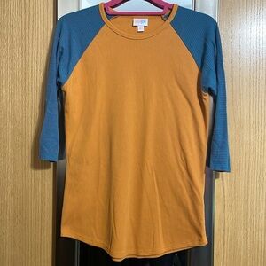 LuLaRoe XS color block ribbed shirt.  Orange with blue and red sleeves